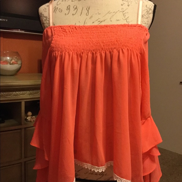 Coral Off Shoulder Sheer Top. Very comfortable! - Picture 7 of 8